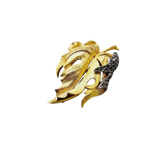 Vintage Florenza Brushed Gold & Rhinestone Leaf Brooch (A3035) - Picture 1 of 4